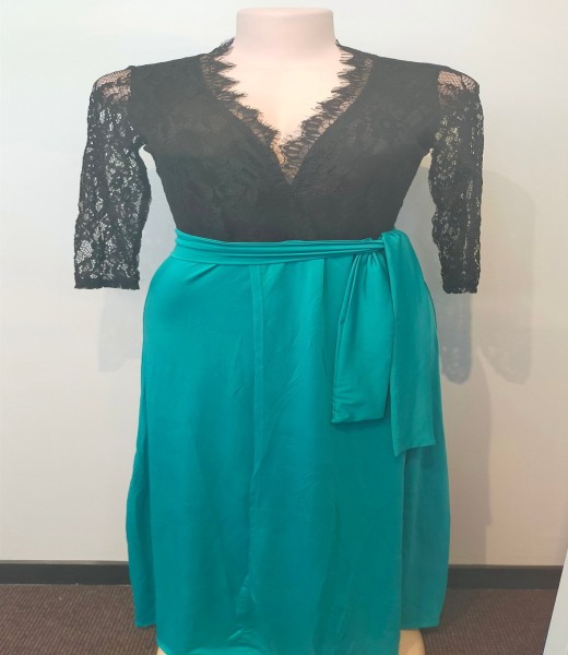 Ballgown 3Quater Black Lace sleeve Top w Turquoise Botton and Tie