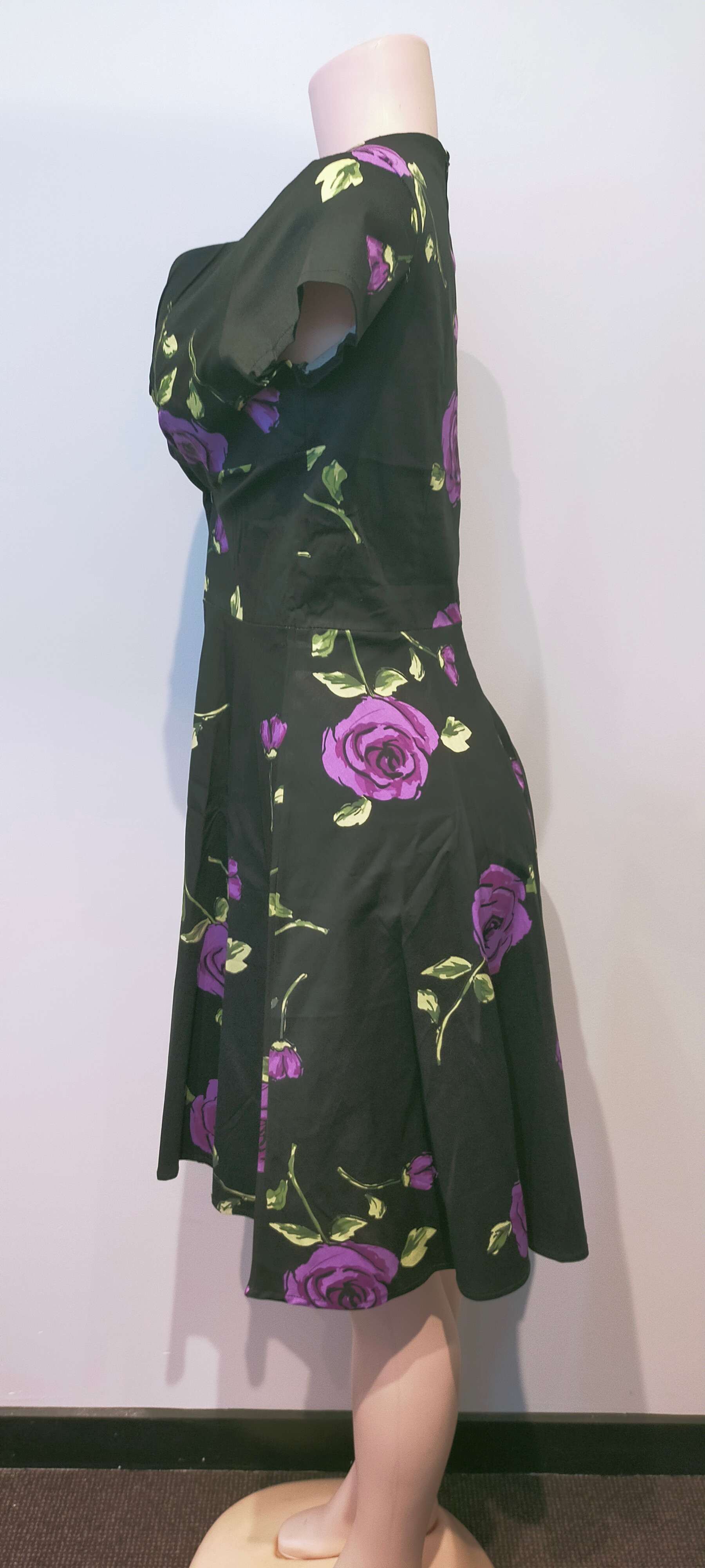 Black Cotton Dress with Purple Roses