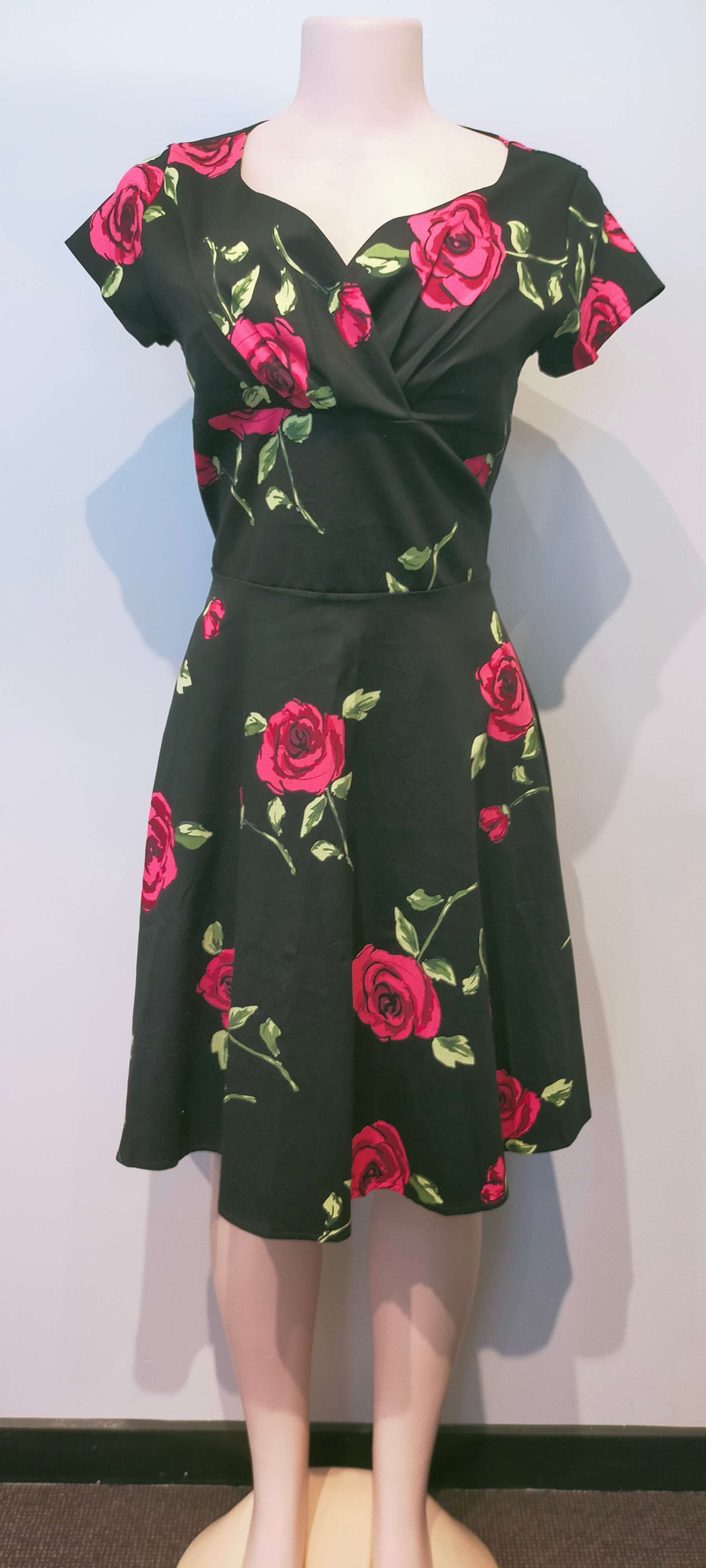 Black Cotton Dress with Red Roses