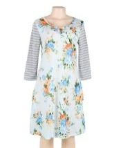 Dress  --  White Long Stripped Sleeves / Orange & Blue Roses